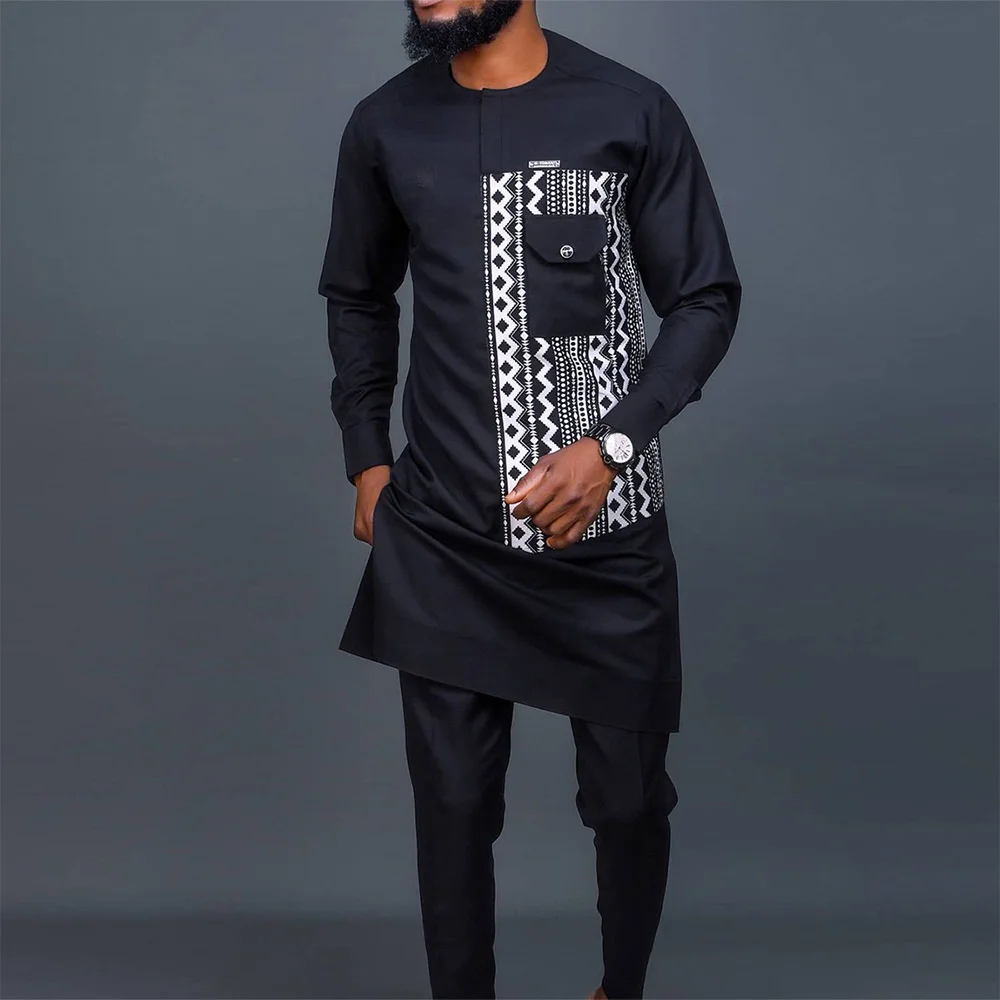 

2022 New Popular Ethnic Style Men's Suit Pocket Design Black Muslim Fashion Men's Two Piece Loose Dashiki Top Print African