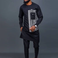 2022 new popular ethnic style mens suit pocket design black muslim fashion mens two piece loose dashiki top print african