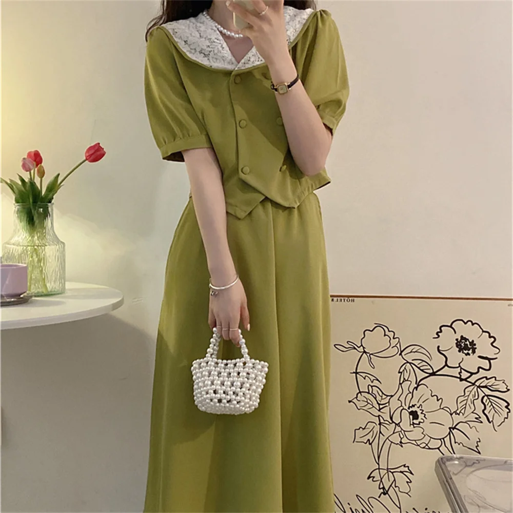 

Hzirip 2022 Lace Women Elegant Shirts High Waist Slim-Fit Long Skirts Summer Two Pieces Sets Office Lady New Gentle Suits