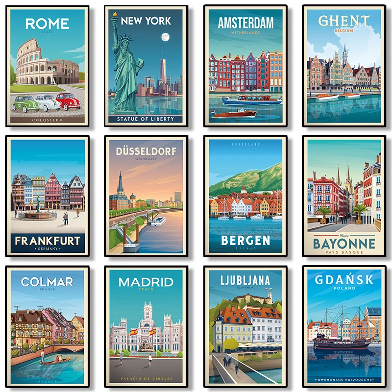 Colmar, Франция, Мадрид, Испания, путешествия, постер, иллюстрация, винтажное настенное искусство, домашний декор, картина для гостиной, холст, постер