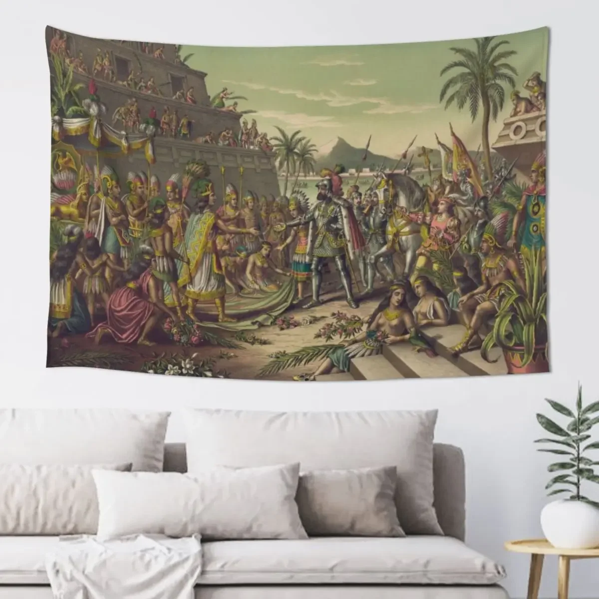 Вход Cortez в Мексику встречи Монtezuma ноября 8 1519 гобелен эстетический декор комнаты