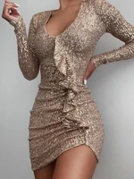 shiny sexy v neck bodycon dress long sleeve waist pleated chiffons sequin evening prom party nightclub dresses women 2022 spring