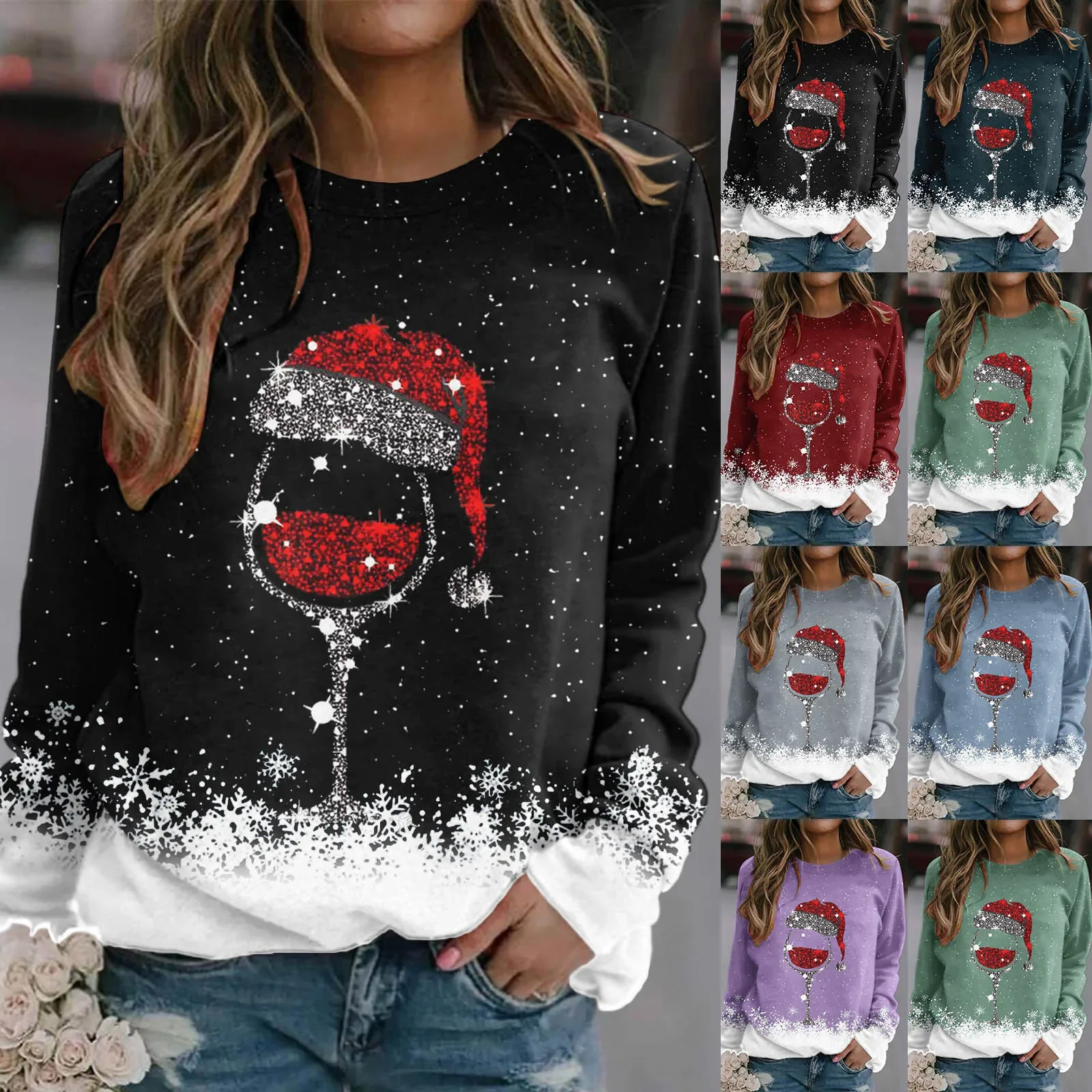 

T Women Christmas Printing Sweatshirt Top Glass Hat Long Sleeved Sweatshirt Casual Long Sweatshirt Women