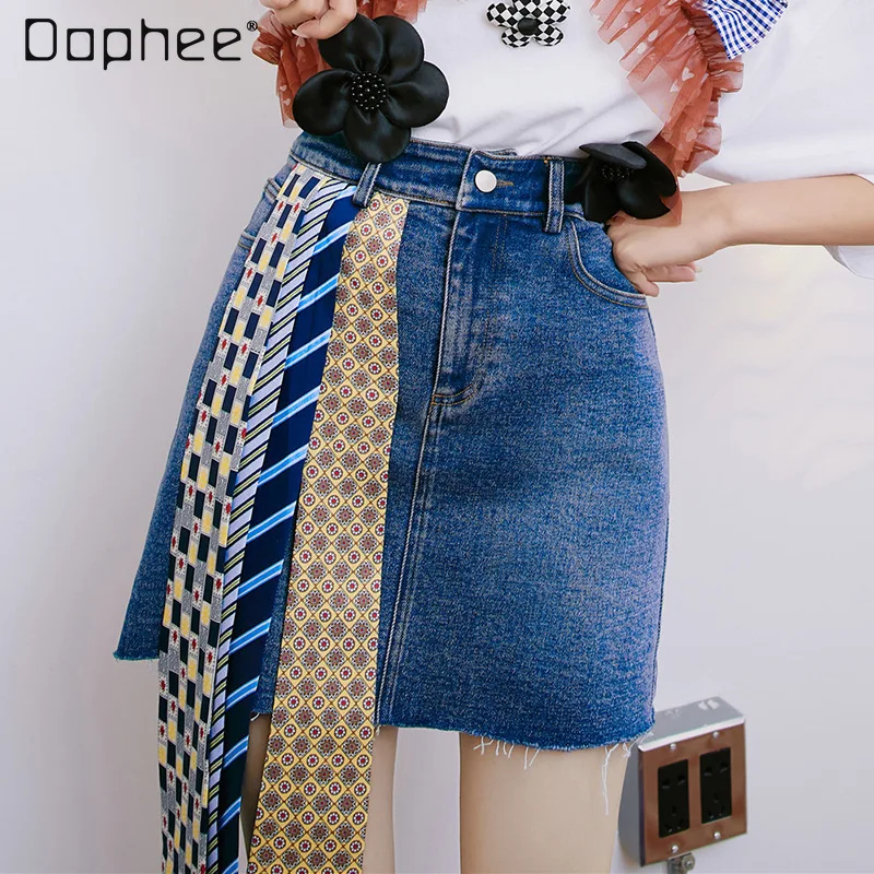 

2022 Summer New Casual Short Blue Denim Skirt Female Korean Style Fashion Design Tie Stitching Mini Jeans Skirt Women Clothes