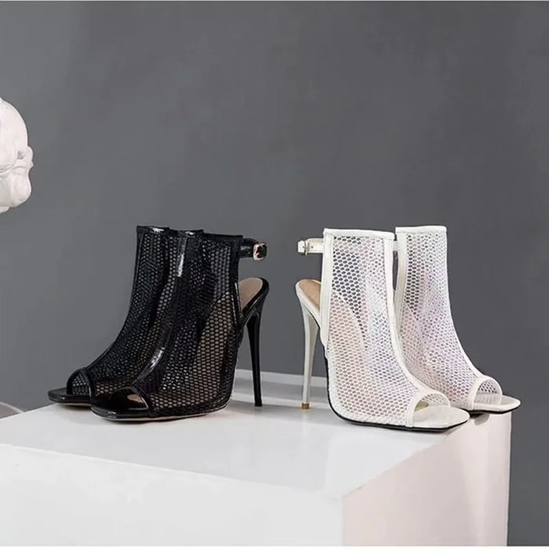 

Shoes for Women Women's Ankle Sandals Boots Peep Toe Mesh Back Zipper High Heels Crystal Casual Shoes for Women Femmes Bottes