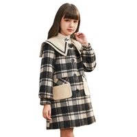 navy style long wool coat for girls fashion single breasted plaid trench jacket kids overcoat childrens winter coats teen 14 16