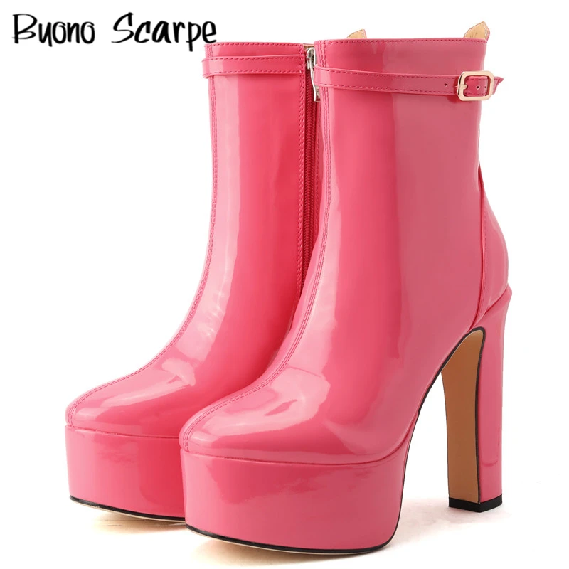 

Women Fashion Designer Boots Chunky Platform Ankle Boots Lady High Heel Zip Short Boots Round Toe Buckle Straps Botas Mujer
