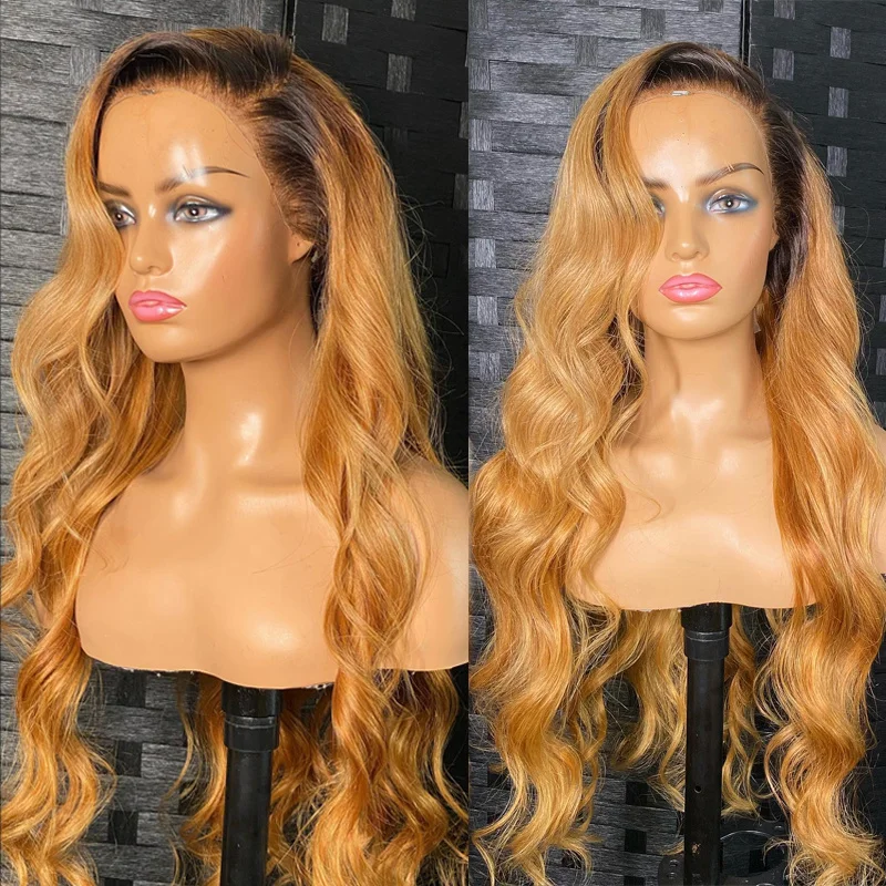 Soft Long Natural Wavy Human Hair Wig Pre Plucked With Baby Hair Ombre Blonde Glueless 13x4 Lace Front Wig For Women