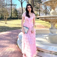 sumnus pink short sleeve prom dress square neck tiered tulle party dresses bow strap lace appliques girl school graduation gowns