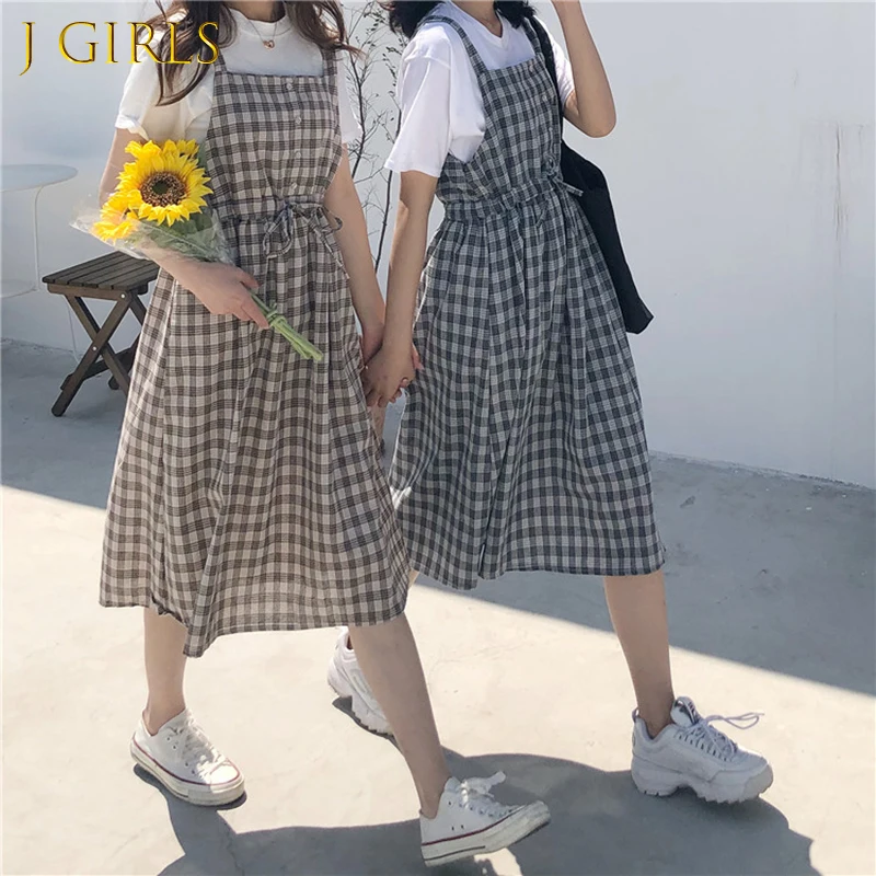 

J GIRLS 2022 Summer Spaghetti Plaid Dress High Waist Sleeveless Long Women Dress Casual Loose Kawaii Dresses Lolita Sundress