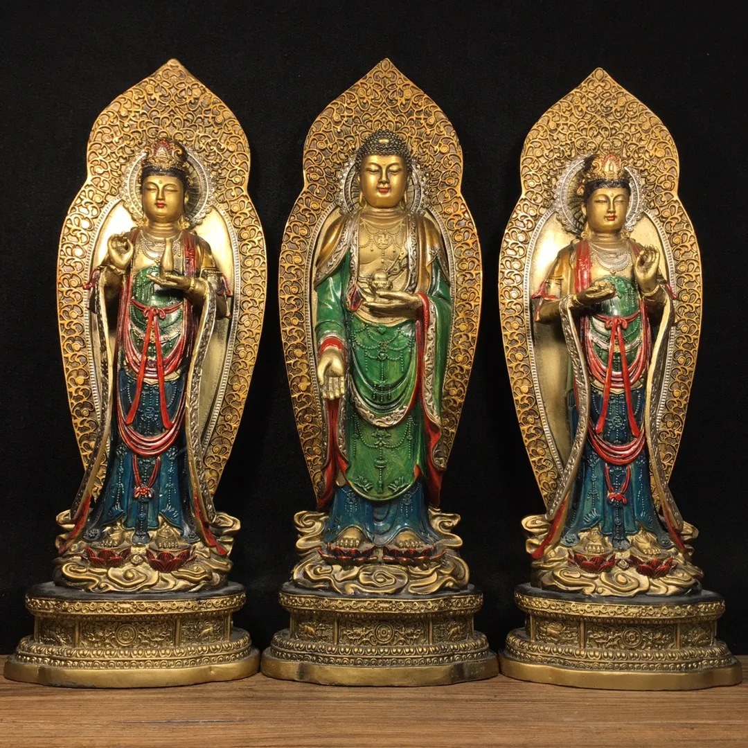 

16"Tibetan Temple Collection Old Bronze Painted Three Western Saints A set Sakyamuni Buddha worship hall Town House Exorcism