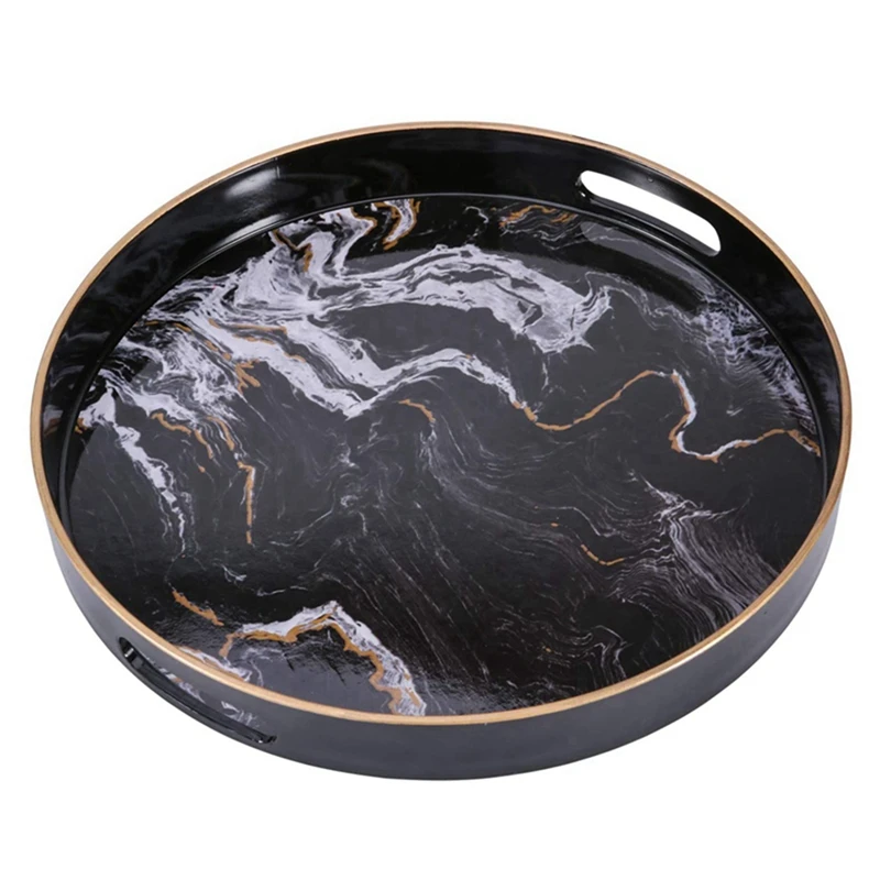 

HOT Round Decorative Tray, Marbling Plastic Tray With Handles, Modern Vanity Tray And Coffee Table, Kitchen And Bathroom