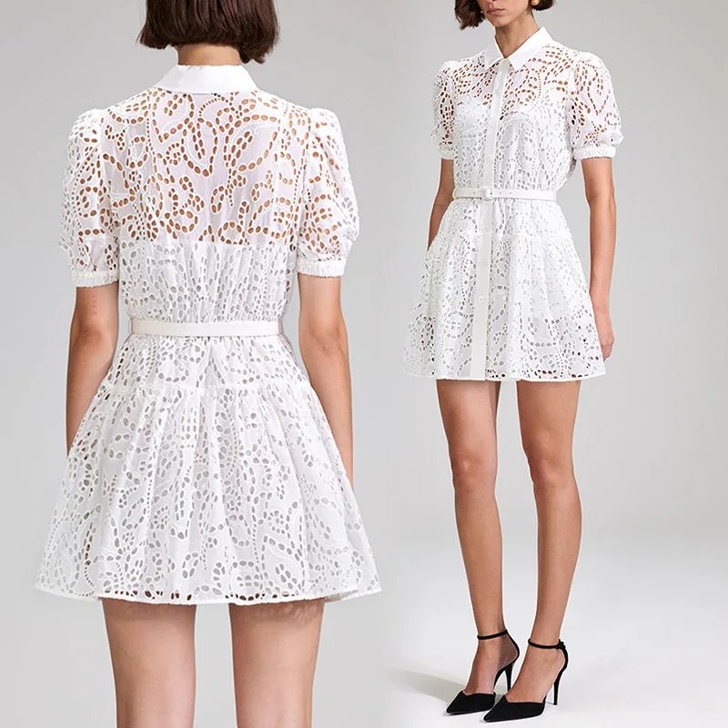 

Women Mini Dress Lace Splicing Puff Short Sleeve Blet Waist Shirt Robe Sweet