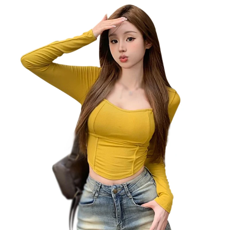Женские топы однотонная Корейская версия облегающая пикантная футболка с