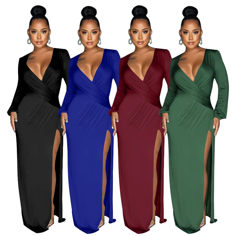 

2022 Autumn And Winter Women Sexy Long Sleeve V-neck Solid Long Split Floor Length Dress