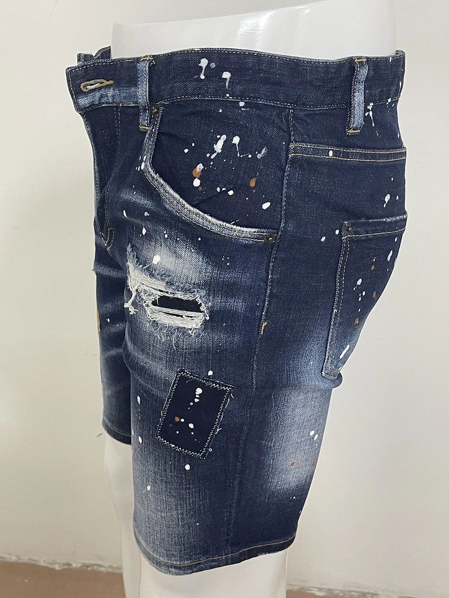 Summer 2023 new denim shorts men's D2 jeans micro-spring wash light blue hole patch collision color casual
