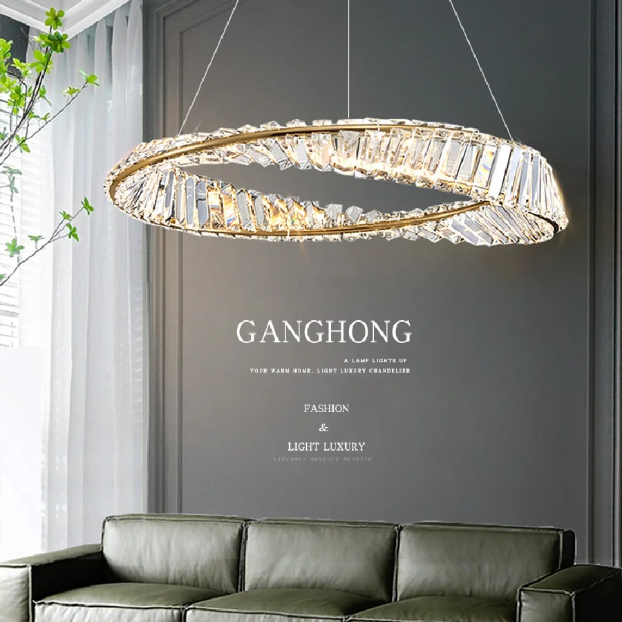 

Modern Rings Crystal Chandelier K9 Led Dimmable Hanging Lamp Luxury Pendant Lights Living Room Decoration