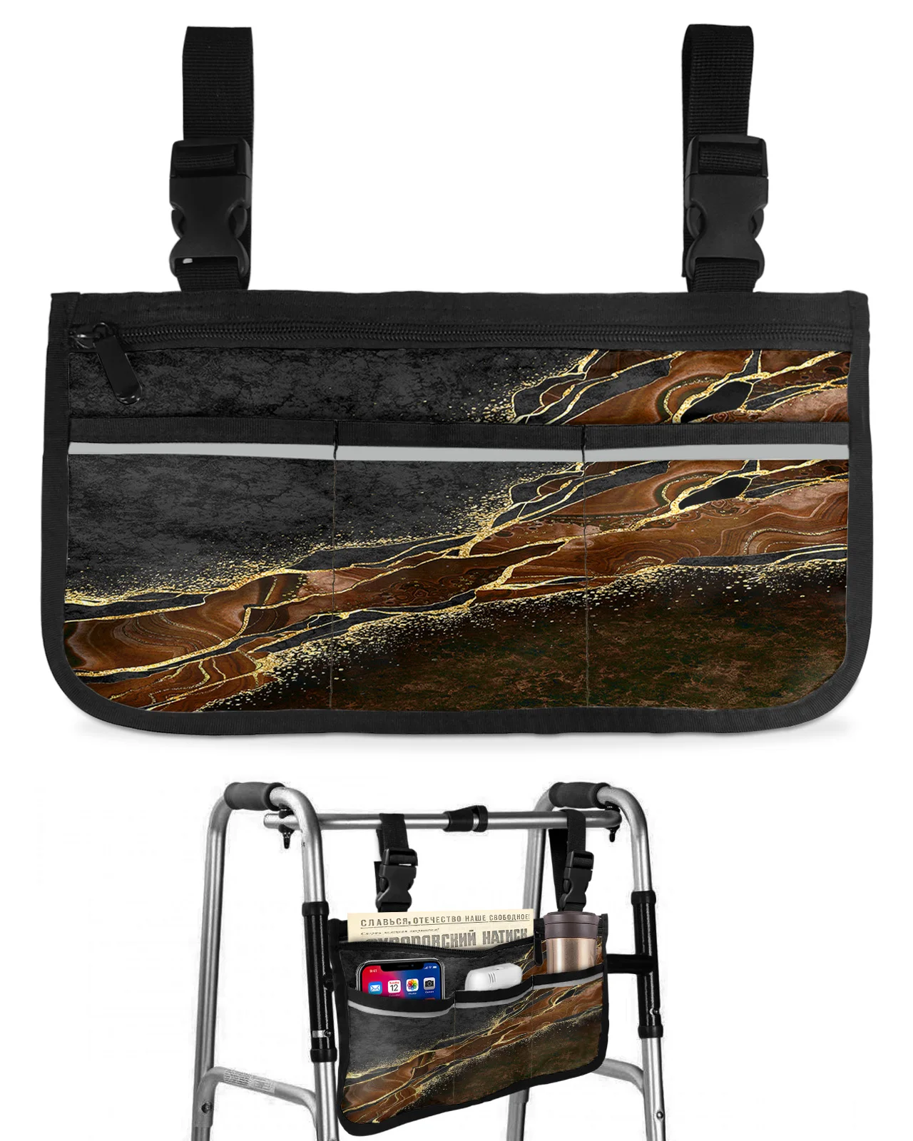 

Abstract Black Marble Brown Malachite Wheelchair Bag With Pockets Armrest Side Bags Electric Scooter Walking Frame Storage Pouch