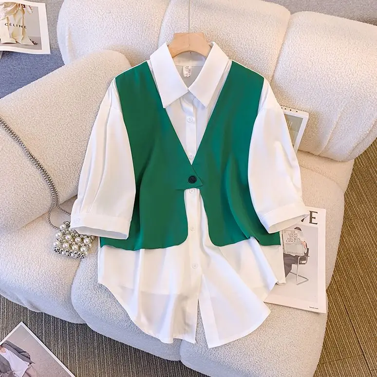 Short Sleeved Patchwork Chiffon Shirt Loose Wide Leg Shorts Two-piece Elegant Women's Shorts Set Summer Casual Outfits