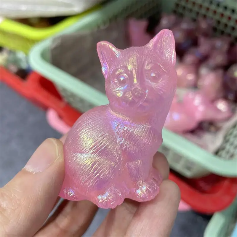 

Резная фигурка кошки из натурального розового кварца Aura, украшение в виде животного, хрустальный камень, ручная работа, украшение для дома