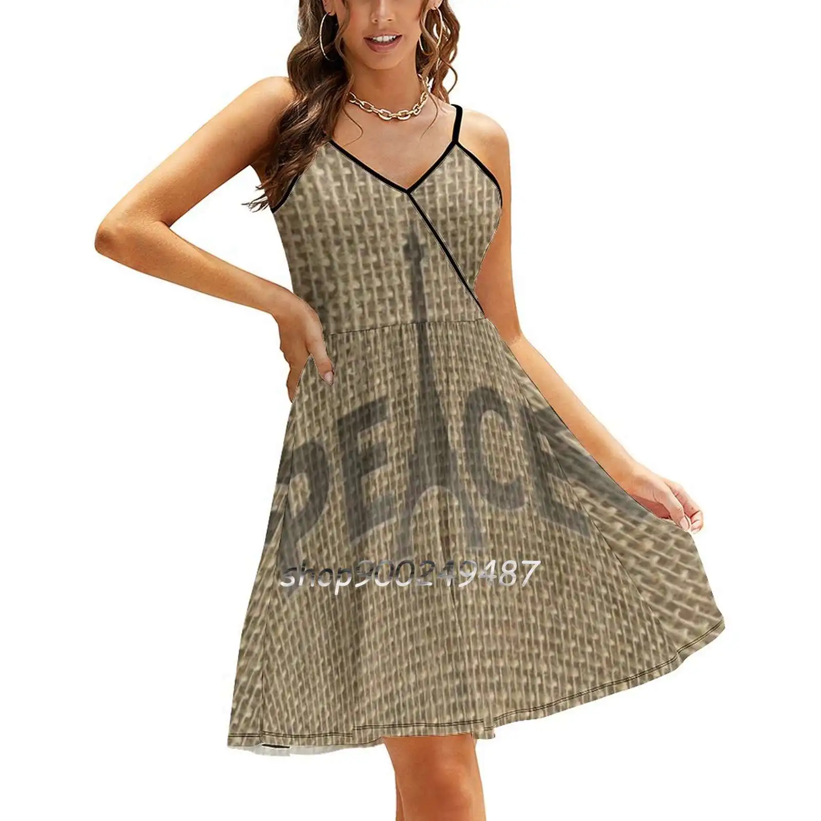 

Natural Beige Burlap Paris France Peace Eiffel Tower Slogan Sling Dress Sexy Dress Female High Waist Dresses For Women Burlap