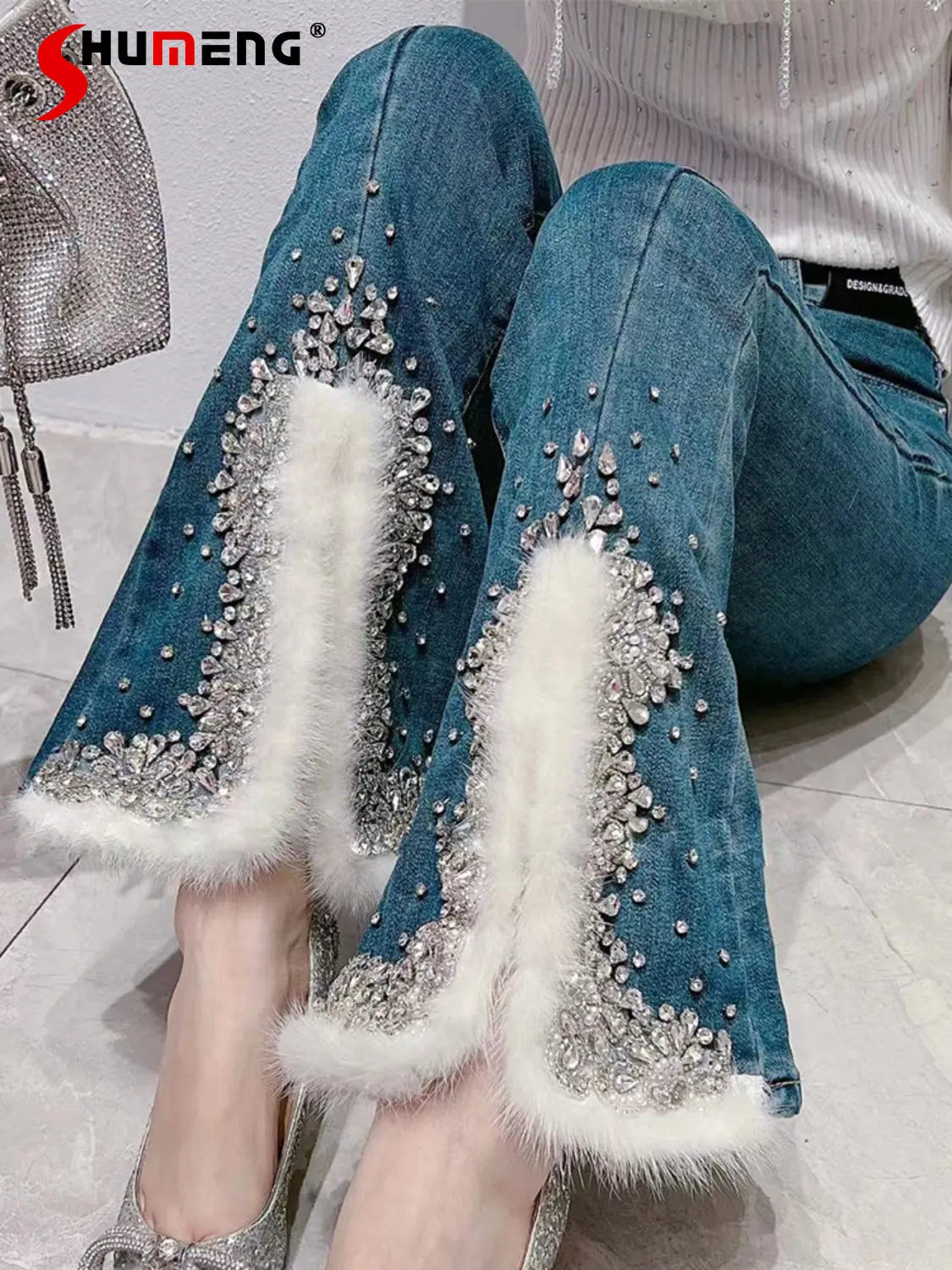 Women's Winter New Korean Style Fashion Sweet Flared Denim Pants Ladies Fairy Rhinestone Furry Stitching Slit Thickened Jeans