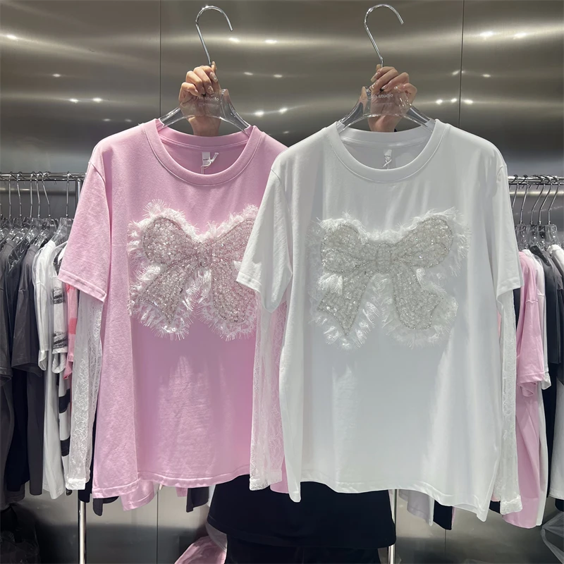 

2023 New Design Summer Pearl Beading Bow Lace Pullover Top All-match Loose Mid-long Cotton T-shirt Age Reduction Casual Tees