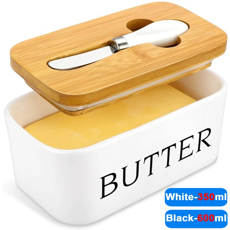 

Butter Dish, Ceramic Butter Dish with lid and Stainless Steel Butter Knife Spreader, Butter Keeper Double Silicone Seals, Easy C