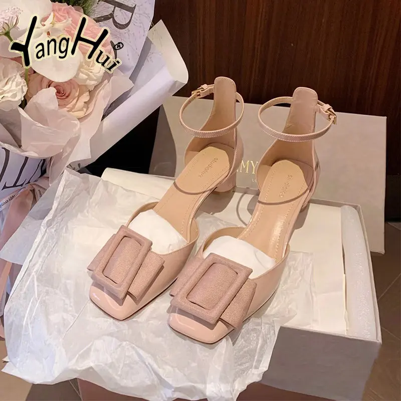 

Summer Baotou Sandals Women 2023 New Square Toe Thick Heels Elegant Fashion Party High Heel Sandals Shallow Mouth Single Shoes