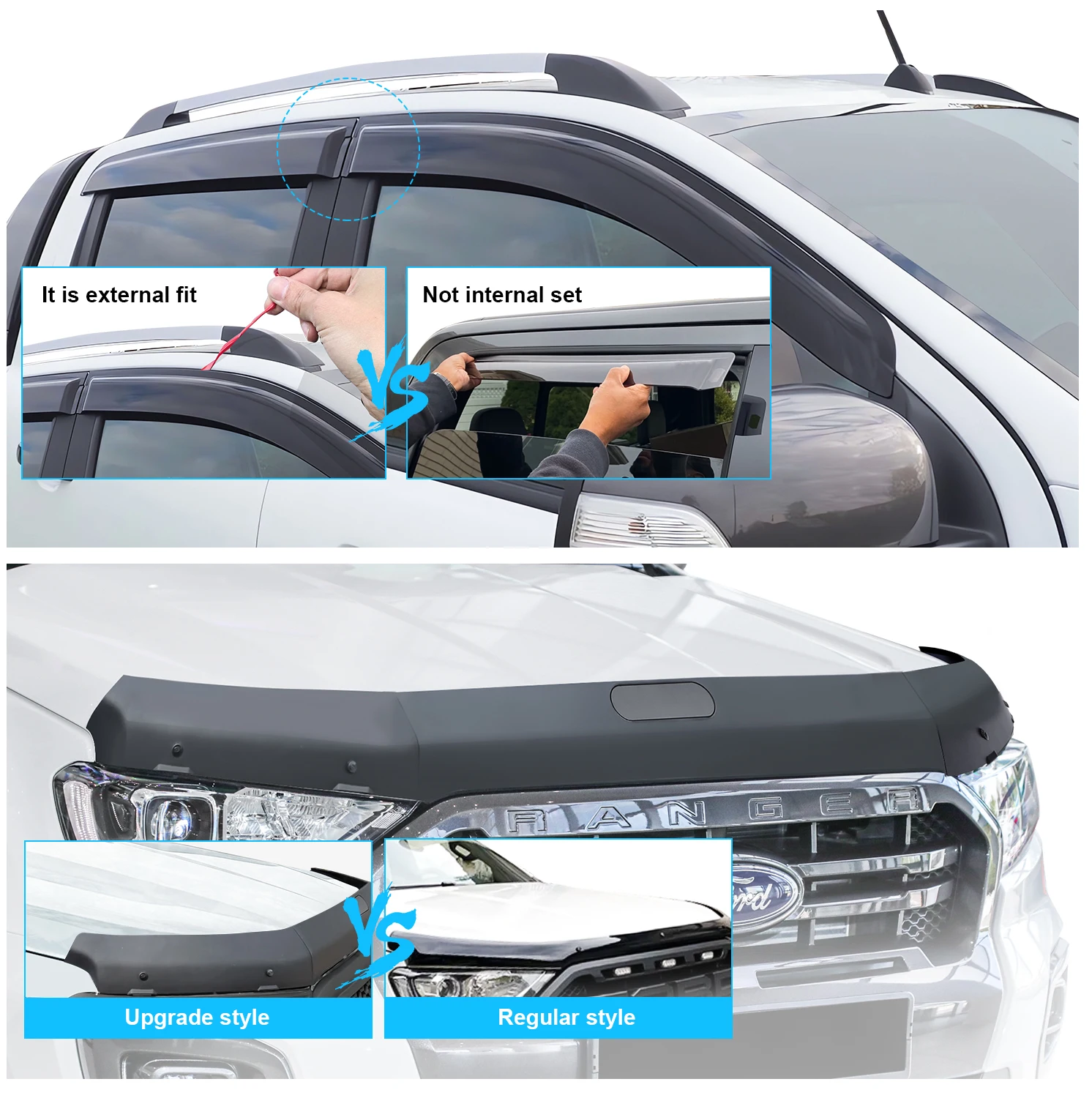 Набор ветровых щитков для оконного козырька + комплект защиты капота Ford Ranger T7 T8