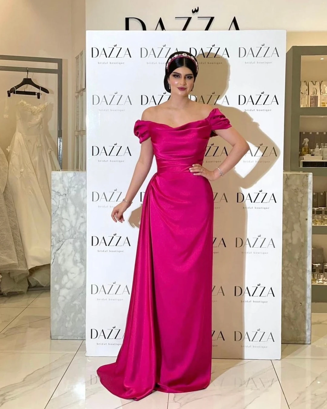 

Vintage Straight Off The Shoulder Prom Dresses Fuchsia Satin Floor Length Pleated Backless Simple Elegant Party Dresses