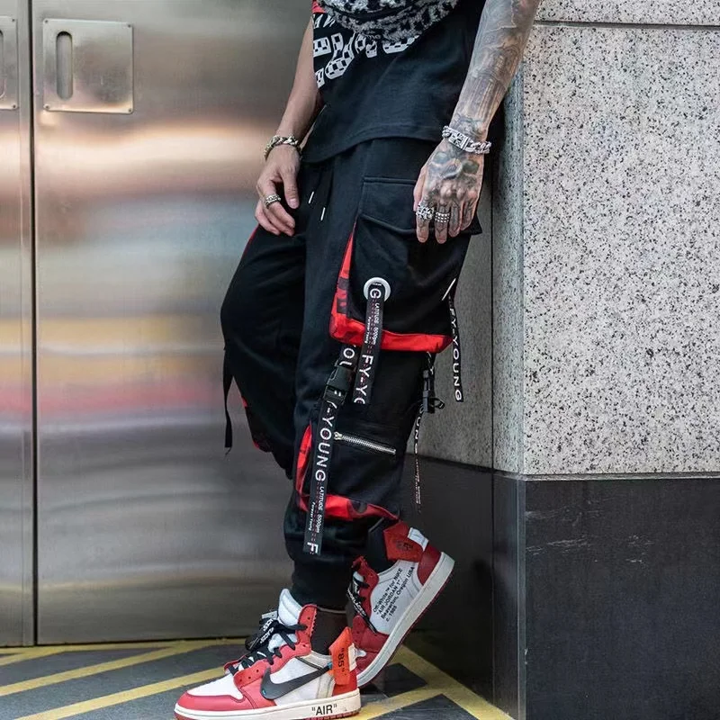 Hip Hop Joggers Men Letter Ribbons Cargo Pants Pockets Track Tactical Casual Techwear Male Trousers Sweatpants Sport Streetwear |