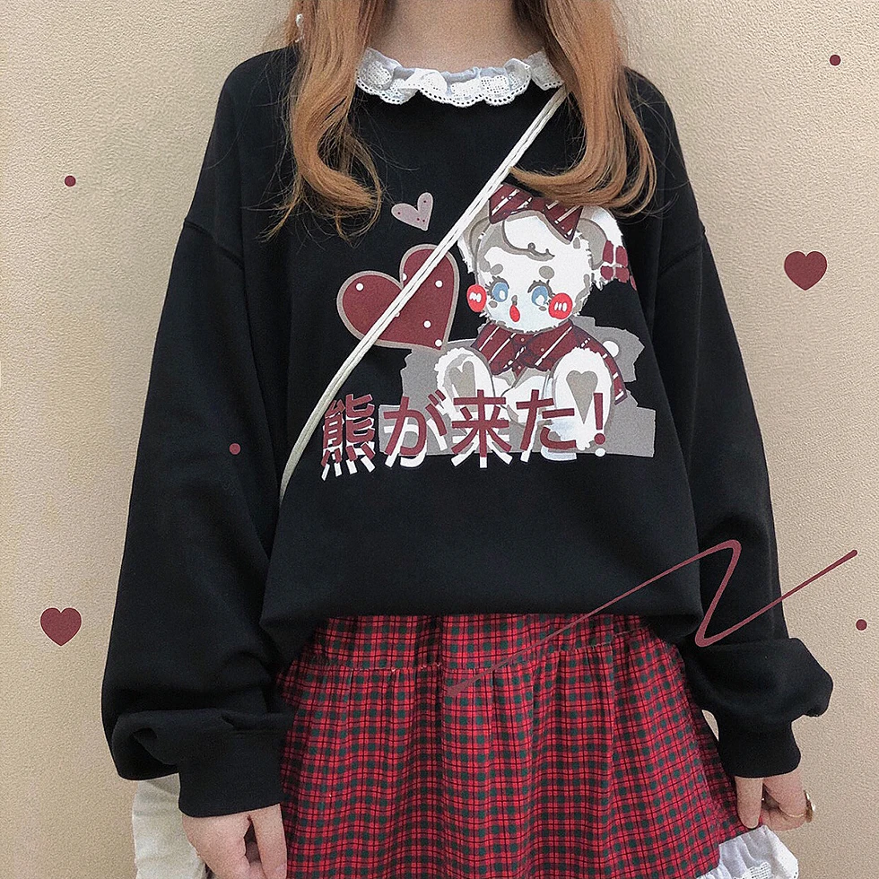 

Kawaii Bear's Coming Fall Winter Women's Loose Sweatshirt Long Shirt Cute Long Sleeve Pullovers Hoodies Vintage Style Lace Trim