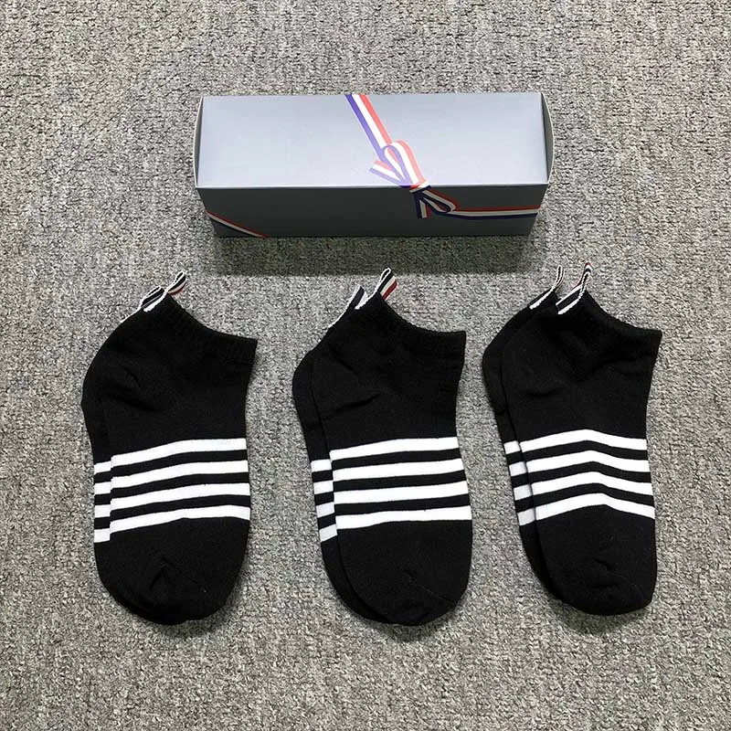 TB THOM 2022 New Socks Men Women 100% Cotton Striped Breathable Fashion Stocking Casual Ankle Low Tube TB Socks Ins 6 Pairs