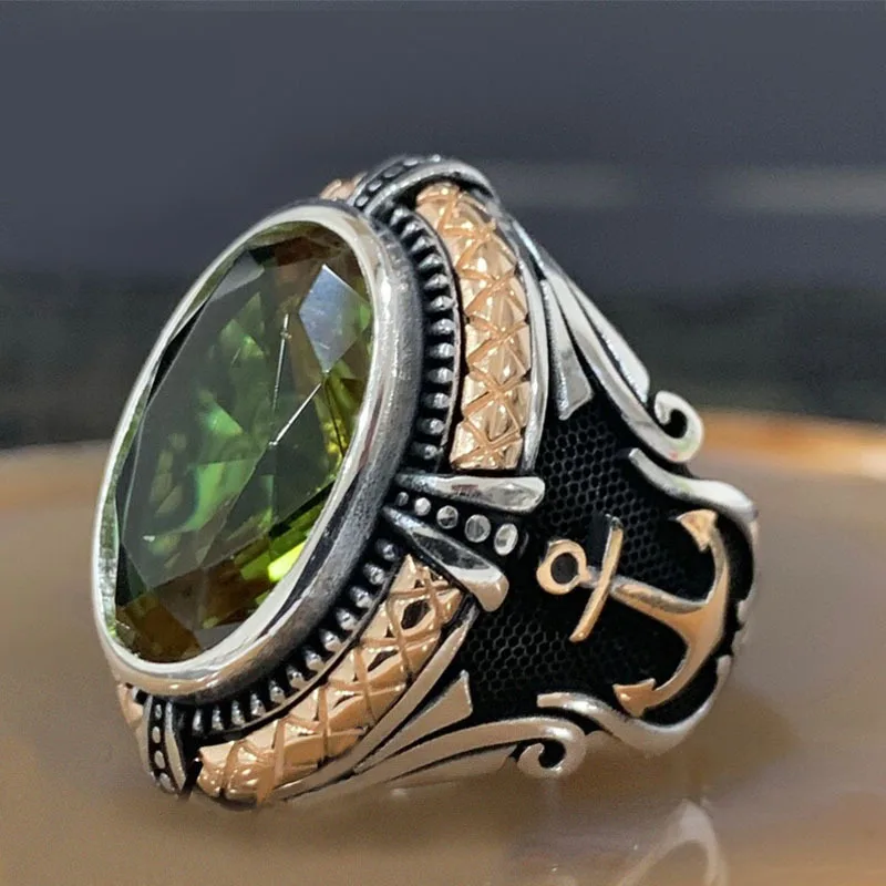 

New Retro Tow Tone Northern Europe Pirate Anchor Rings For Men Green CZ Stone Inlay Viking Punk Fashion Jewelry Party Gift Ring