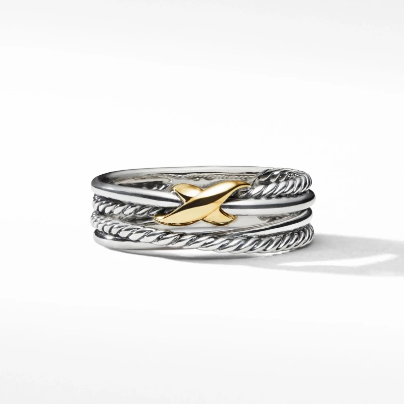 

David Yurman Gold Plated X Shaped Statement Ring for Women Men Trendy Twist Cable Wire Double Interlocking Design Jewelry