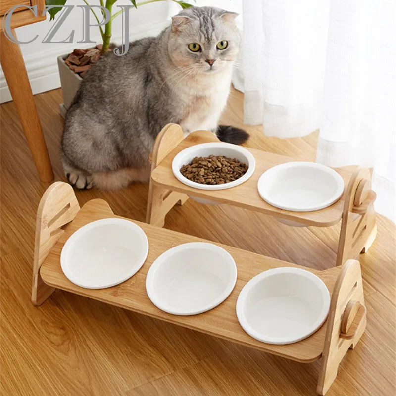 

Bamboo Raised Pet Dog Cat Bowl, Cat Protection Neck Bowl with Single Double Triple Stainless Steel Bowl Dish