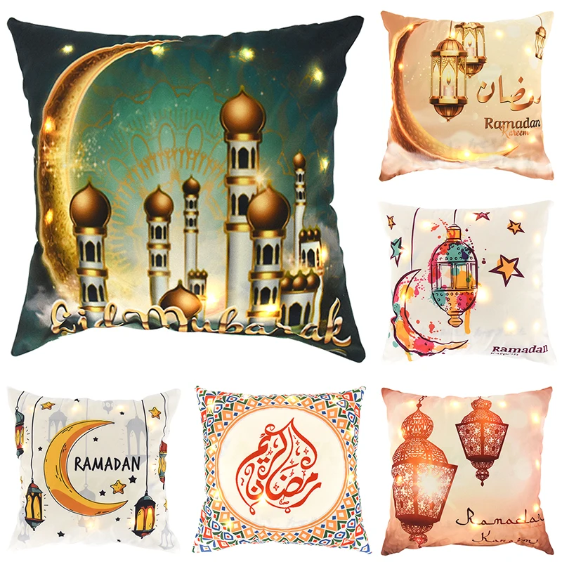 

45x45cm LED Glowing Eid Mubarak Pillowcase Ramadan Decoration For Home Sofa Cushion Cover Muslim Islam Party Pillowcover Supplie