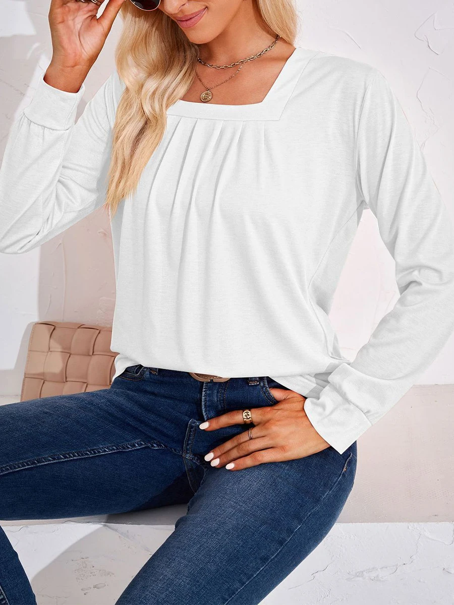 

Women Casual Shirt Top Solid Color Square Neck Pleated Long Sleeve Pullover Tops Loose Fit Ruched Aesthetic Tee