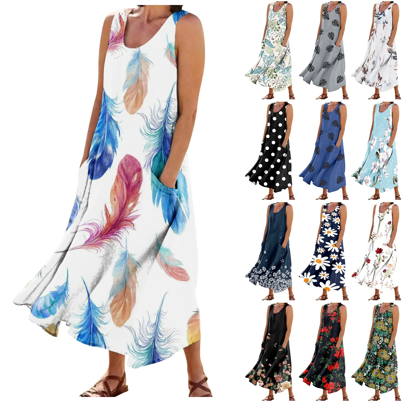 

Женское модное повседневное однотонное платье без рукавов из хлопка и льна с карманами популярные платья с принтом для женщин 2023