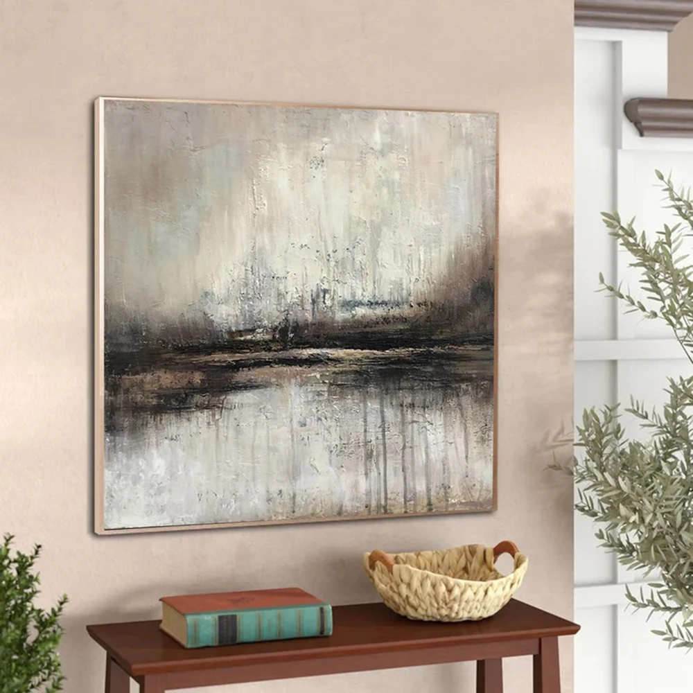 

Original Abstract Landscape Oil Painting On Canvas Minimalist Textured In Black, White, Brown Colors As Custom Size Wall Gift