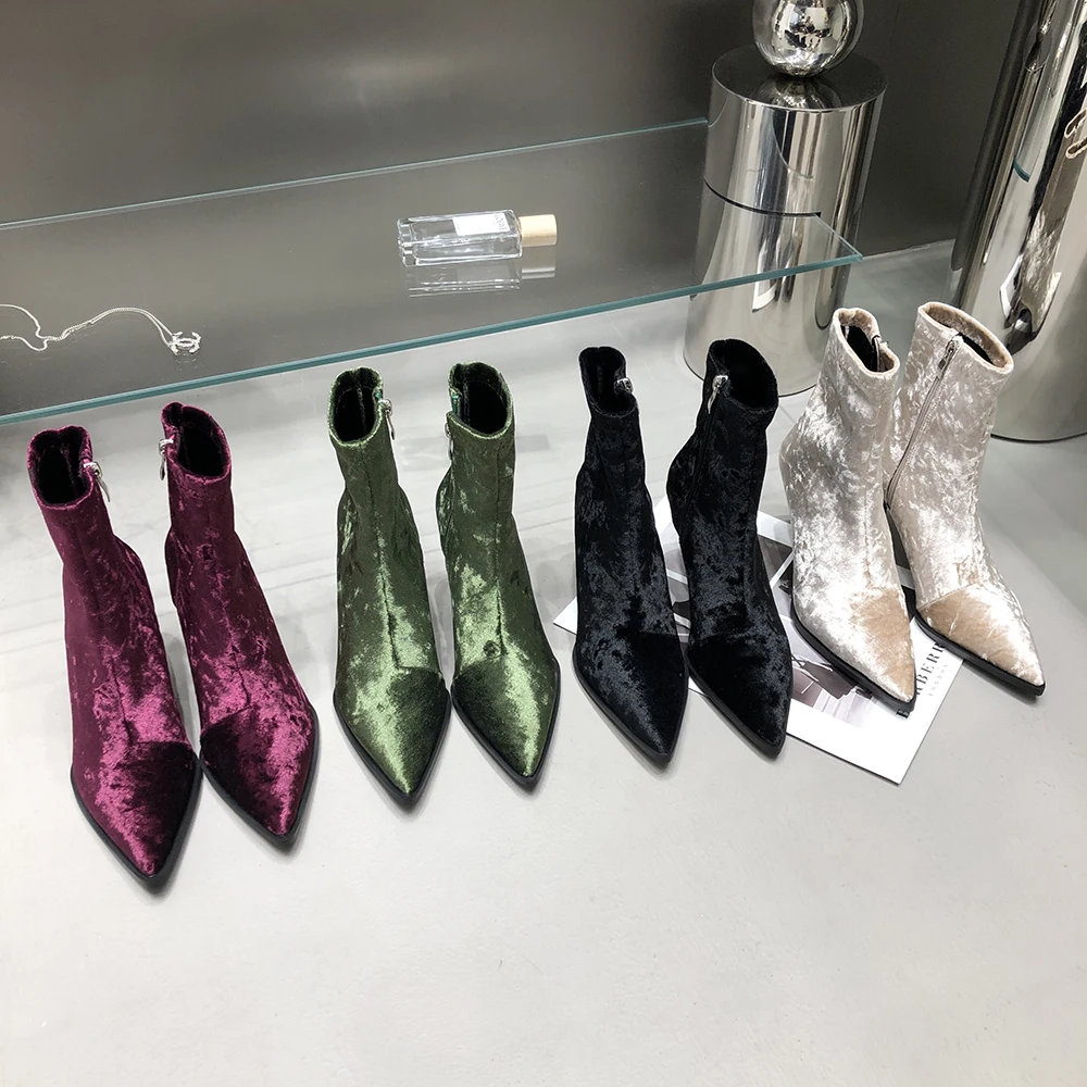 

Fashion Women Ankle Boots Pointed Toe Chelsea Botas Flock Thin High Heels Side Zipper Black Beige Green Red Dress Winter Boots