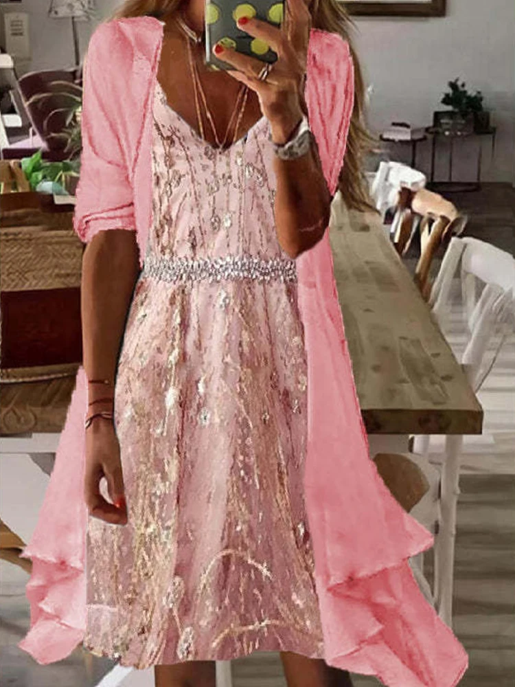 

Summer Long Sleeve Cape and Suspender Midi Dress Print Casual 2pc Set Fashion Women Fashion Loose Beach Suit Retro Party Outfits