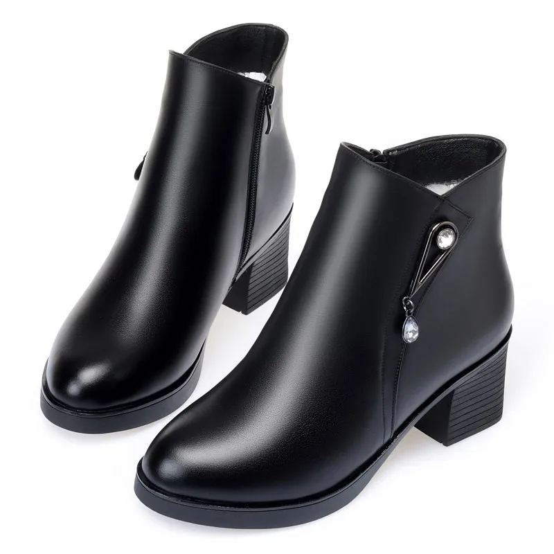 AIYUQI Ankle Boots Women Winter Genuine Leather Wool Warm High Heel Women Snow Boots Thick Heel Mother Plus Size Women’s Boots