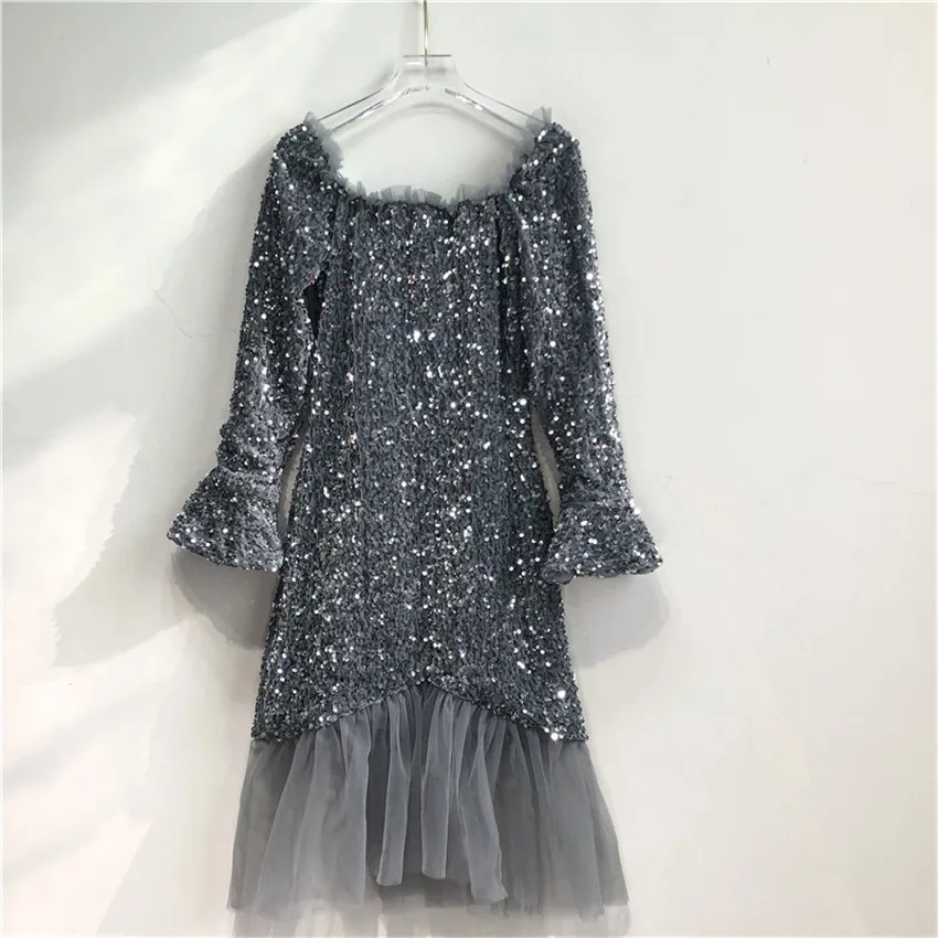 

New Spring Mermaid Dress Fashion Women Long Sleeve Sequined Dress Elegant Lady Midi-Long Party Dresses Vestidos Bottomings W1714