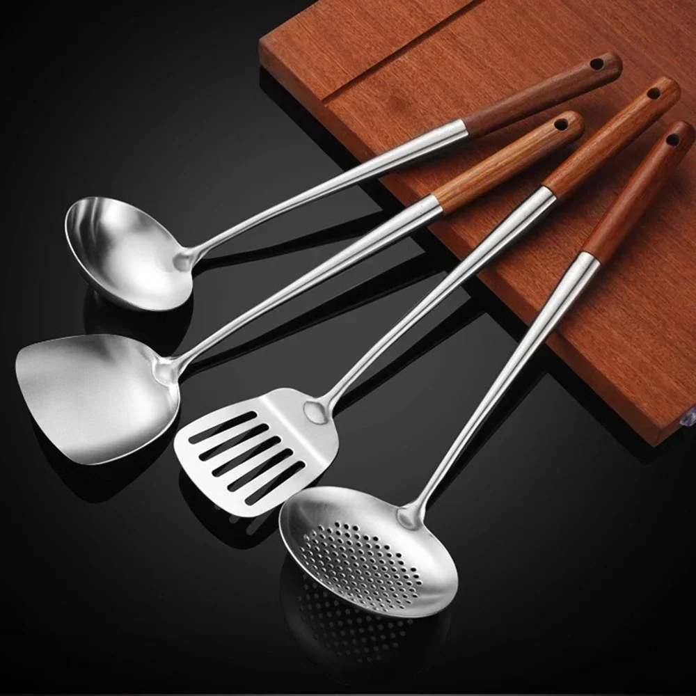 Фото Lange Steel Rvs Wok Spatel Кухонное оборудование Кухонная утварь Keuken Sleuven Rijst Lepel Kookgerei Gebruiks Vaiwerp Set Turner №1