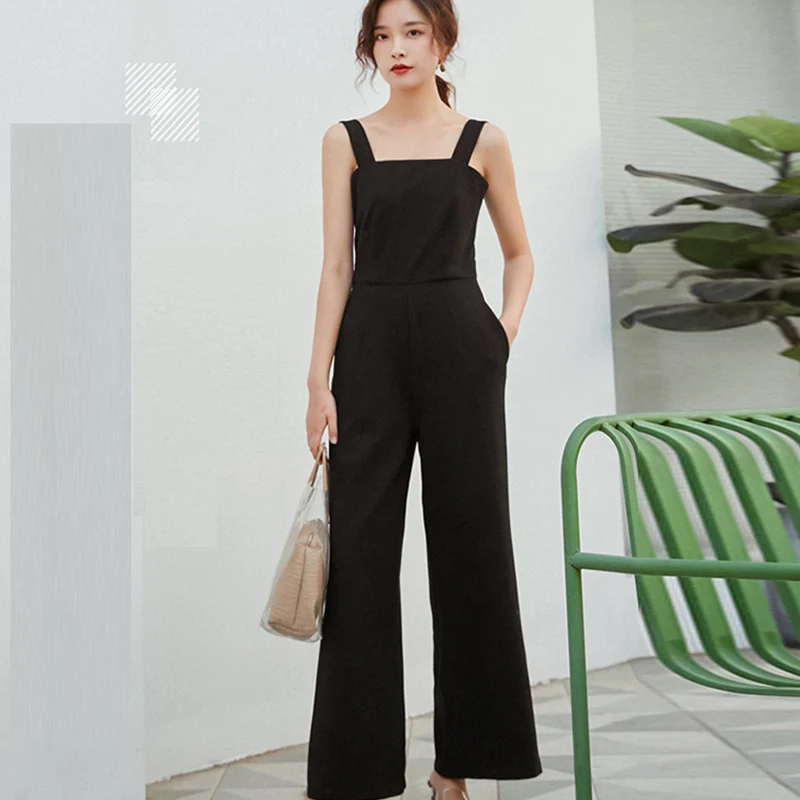 Jumpsuits for Women 2022 Sexy Female Black Polyester Wide Leg Pants Fashion High Waist Summer Rompers Womens Overalls Clothes