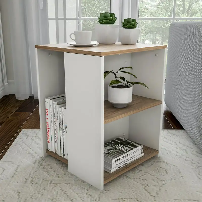 

Minimalist Two-Toned End Table with Open Shelves, White