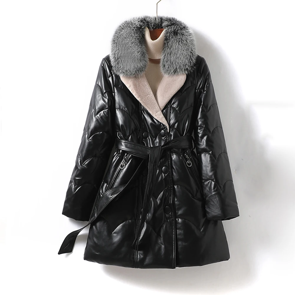 New Women Leather Down Coat Casual Fashion Real Fox Fur Turn-down Collar Belt Slim Sheepskin Down Outerwear Thicken Warm Jacket