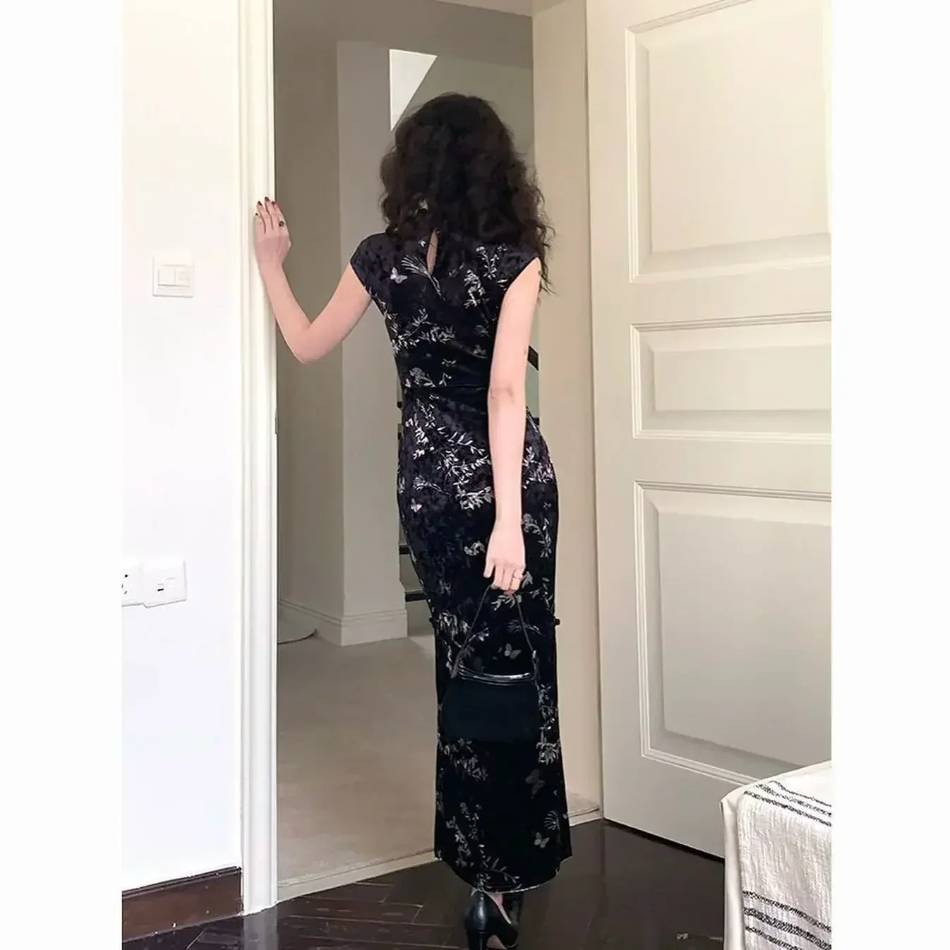 Улучшенное модное черное платье Ципао в корейском стиле банкетное вечернее